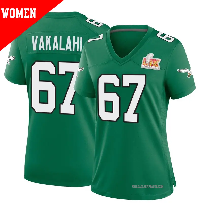 Women's ＃67 Laekin Vakalahi Philadelphia Eagles Game Green Kelly Alternate Super Bowl LIX Jersey