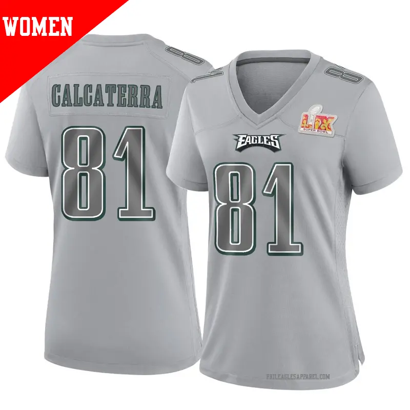 Women's ＃81 Grant Calcaterra Philadelphia Eagles Game Gray Atmosphere Fashion Super Bowl LIX Jersey