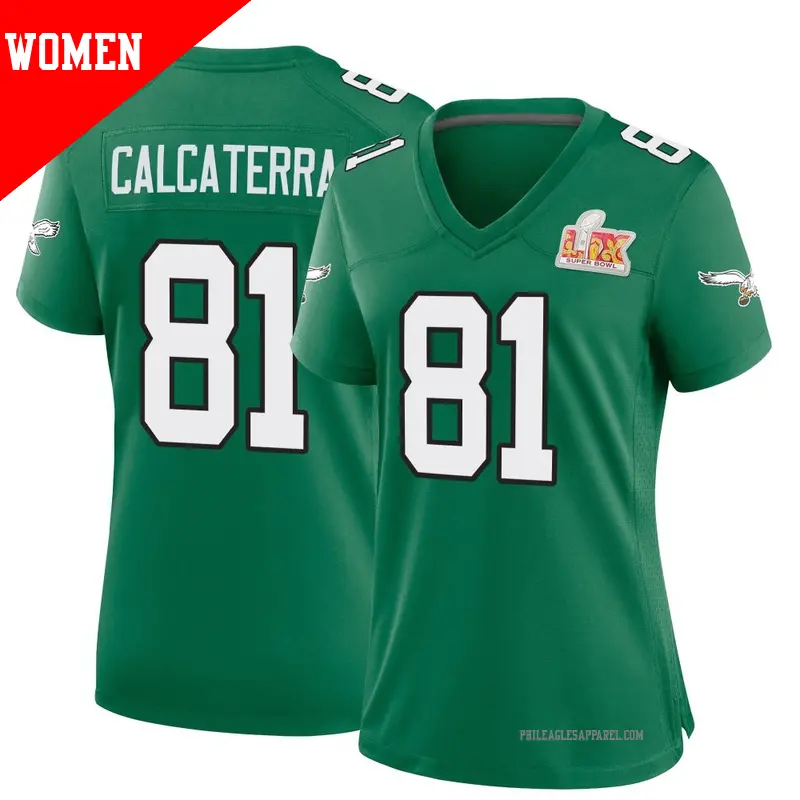 Women's ＃81 Grant Calcaterra Philadelphia Eagles Game Green Kelly Alternate Super Bowl LIX Jersey