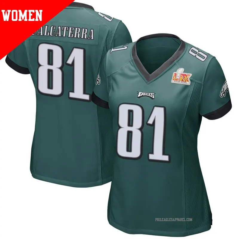 Women's ＃81 Grant Calcaterra Philadelphia Eagles Game Green Team Color Super Bowl LIX Jersey
