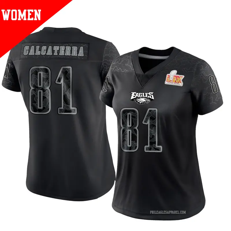 Women's ＃81 Grant Calcaterra Philadelphia Eagles Limited Black Reflective Super Bowl LIX Jersey